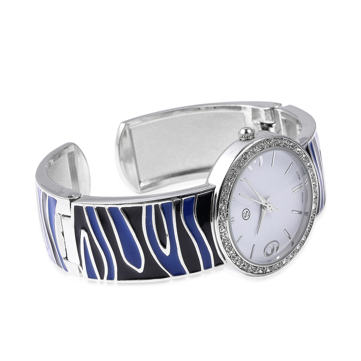 STRADA Japanese Movement White Austrian Crystal Studded Water Resistance Enamelled Cuff Bangle Watch (Size 6.5-7) in Stainless Steel - Black and Blue
