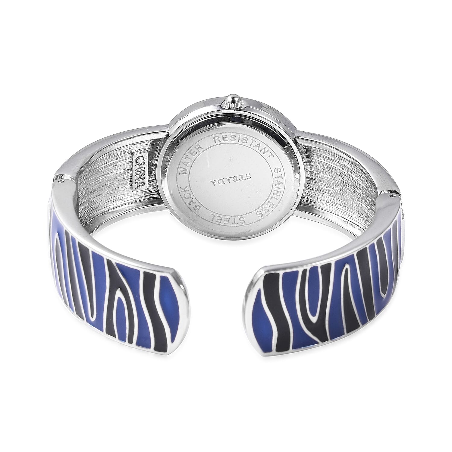STRADA Japanese Movement White Austrian Crystal Studded Water Resistance Enamelled Cuff Bangle Watch (Size 6.5-7) in Stainless Steel - Black and Blue