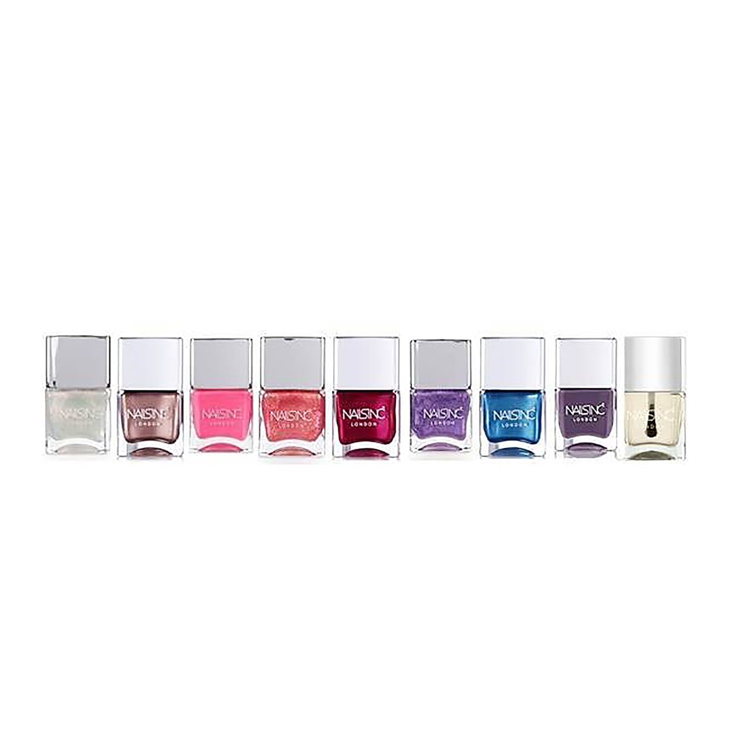 Nails Inc: Set of 9 Polishes - (Incl.Base Coat, Shake your Feathers, Dont reign on my Parade, Dont touch Im precious, Royal Attraction, Crushing on Rubies, Gimme a Peck, Time to Flamingle & Wings)