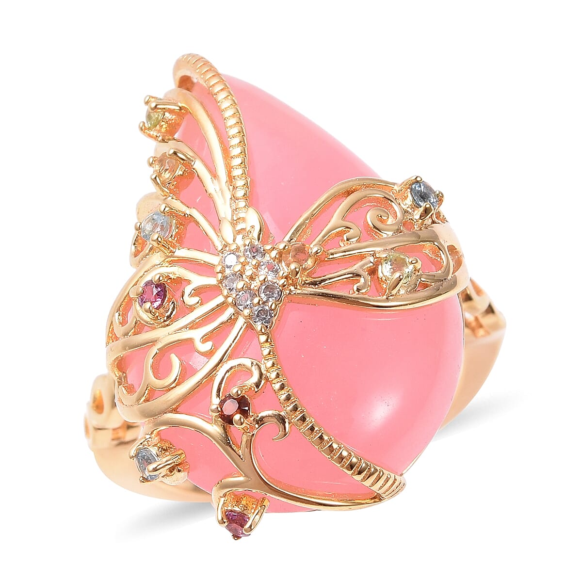 Pink Jade (Pear 24x16 Cm), Multi Gemstone Filigree Ring in Yellow Gold Overlay Sterling Silver 15.28 Ct.