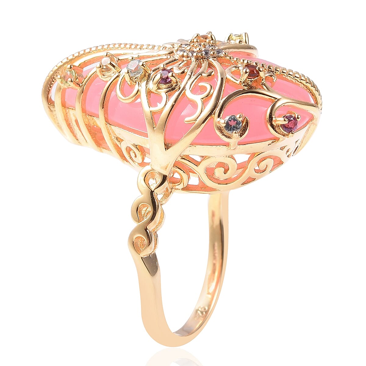 Pink Jade (Pear 24x16 Cm), Multi Gemstone Filigree Ring in Yellow Gold Overlay Sterling Silver 15.28 Ct.