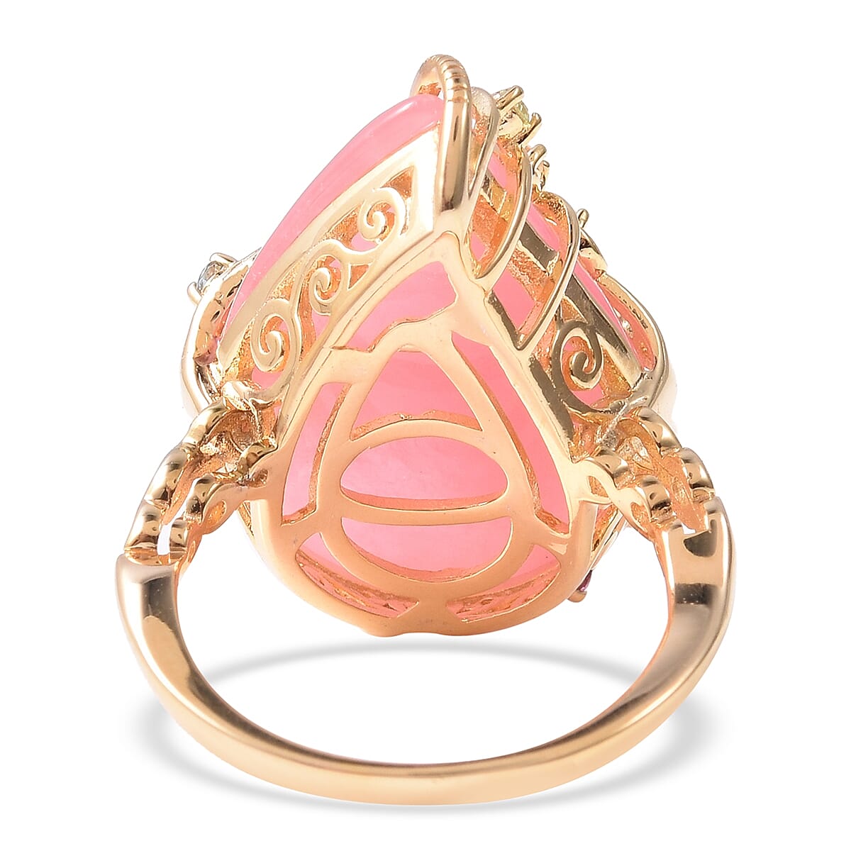 Pink Jade (Pear 24x16 Cm), Multi Gemstone Filigree Ring in Yellow Gold Overlay Sterling Silver 15.28 Ct.