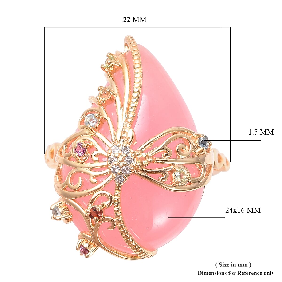 Pink Jade (Pear 24x16 Cm), Multi Gemstone Filigree Ring in Yellow Gold Overlay Sterling Silver 15.28 Ct.