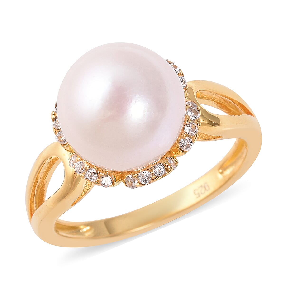 Edison Pearl (Rnd), Natural White Cambodian Zircon Ring in Yellow Gold Overlay Sterling Silver