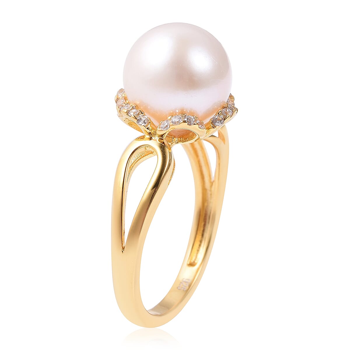 Edison Pearl (Rnd), Natural White Cambodian Zircon Ring in Yellow Gold Overlay Sterling Silver