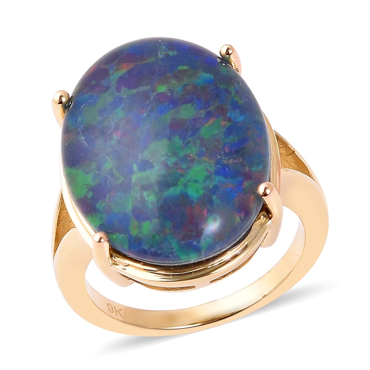 9K Yellow Gold Australian Boulder Opal (Ovl 20x15 mm) Solitaire Ring Gold wt 4.40 Gms.
