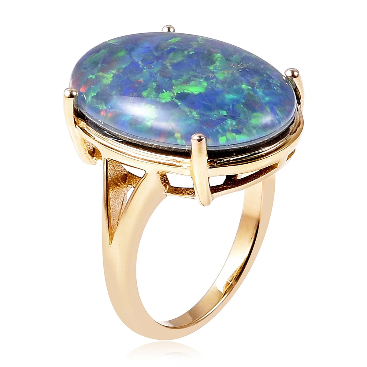 9K Yellow Gold Australian Boulder Opal (Ovl 20x15 mm) Solitaire Ring Gold wt 4.40 Gms.