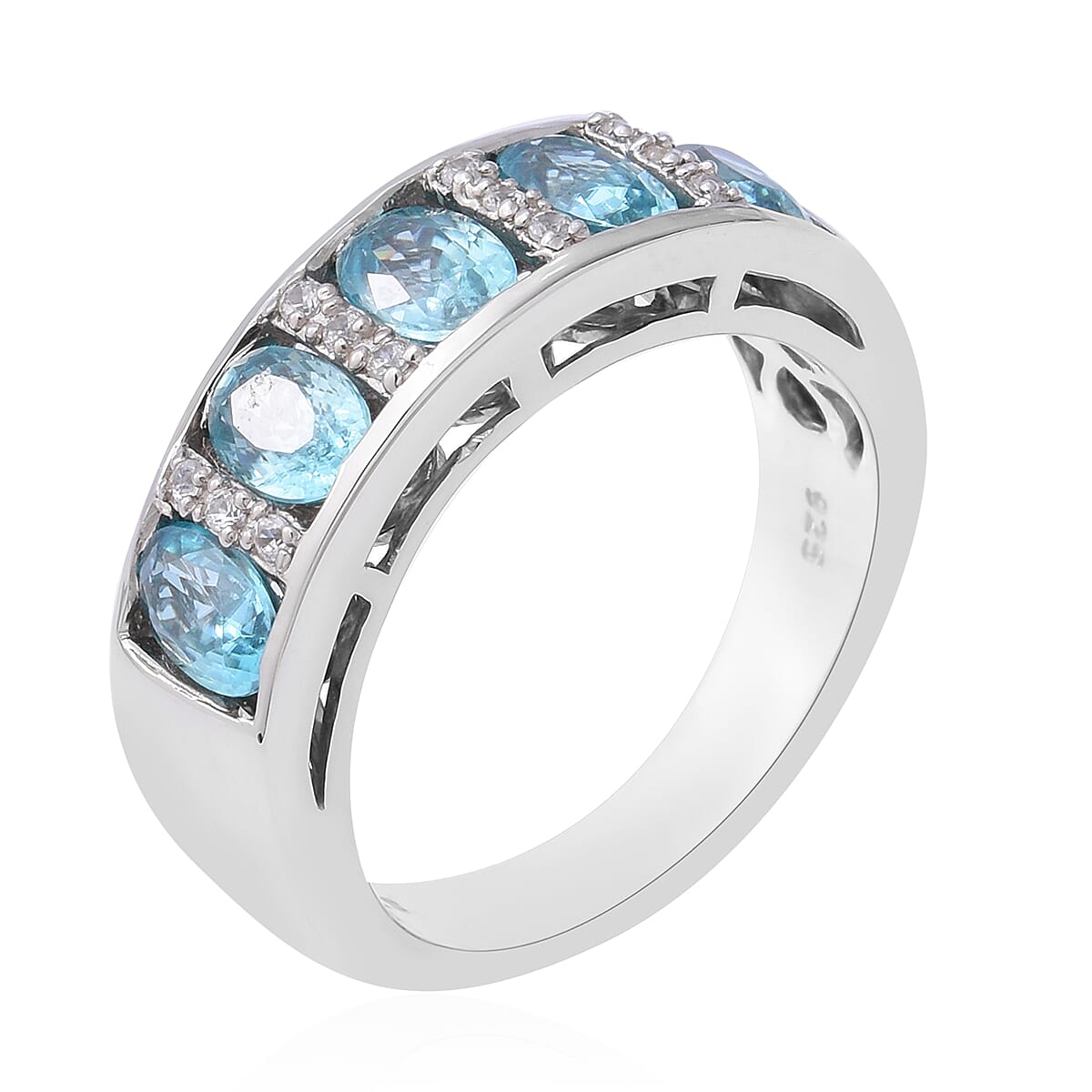 Ratnakiri Blue Zircon (Ovl), Natural White Cambodian Zircon Half Eternity Band Ring in Rhodium Overlay Sterling Silver 4.17 Ct, Silver wt 5.50 Gms