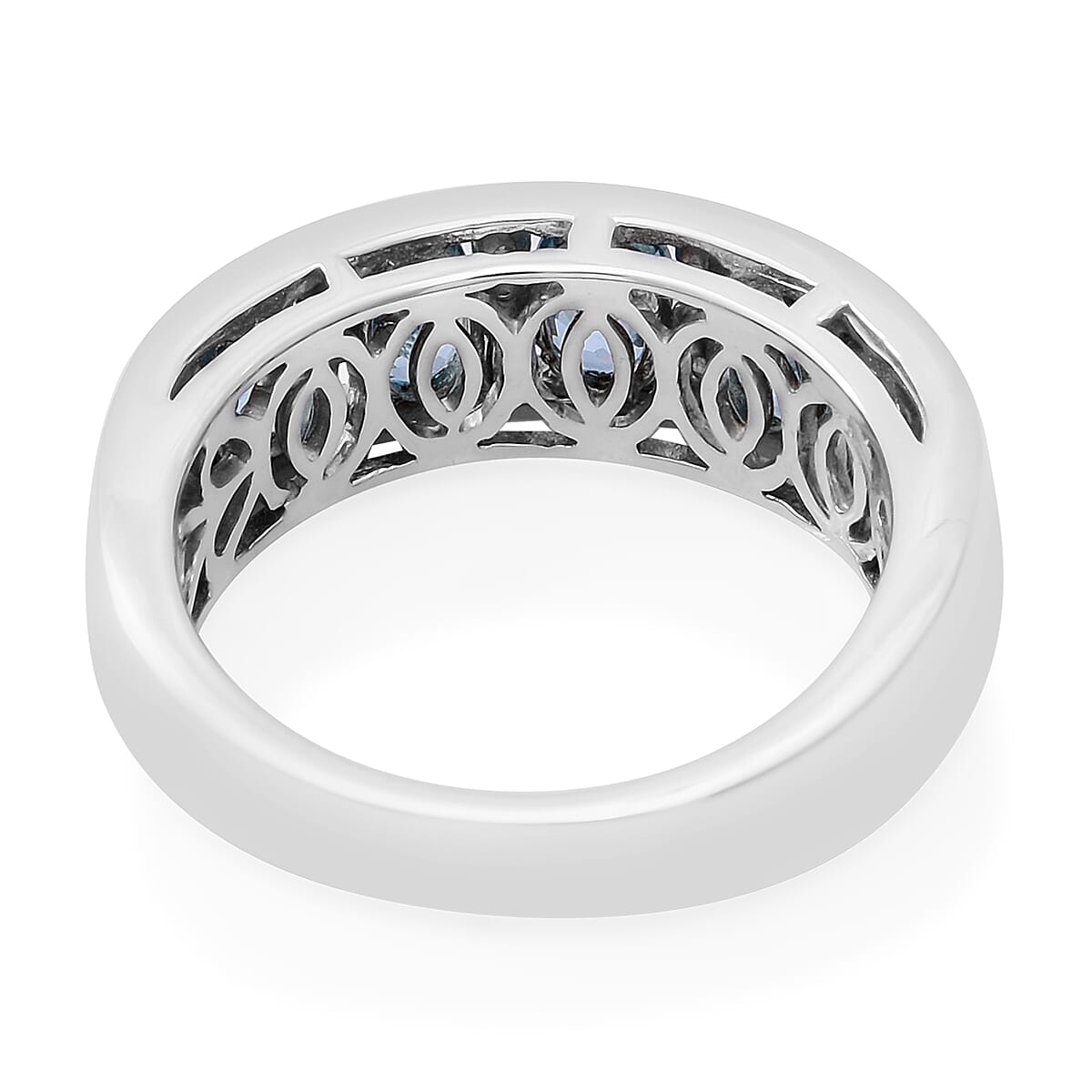 Ratnakiri Blue Zircon (Ovl), Natural White Cambodian Zircon Half Eternity Band Ring in Rhodium Overlay Sterling Silver 4.17 Ct, Silver wt 5.50 Gms