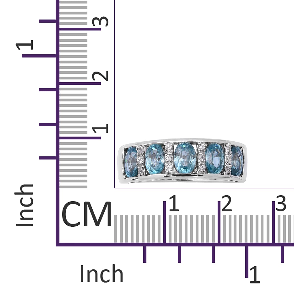Ratnakiri Blue Zircon (Ovl), Natural White Cambodian Zircon Half Eternity Band Ring in Rhodium Overlay Sterling Silver 4.17 Ct, Silver wt 5.50 Gms