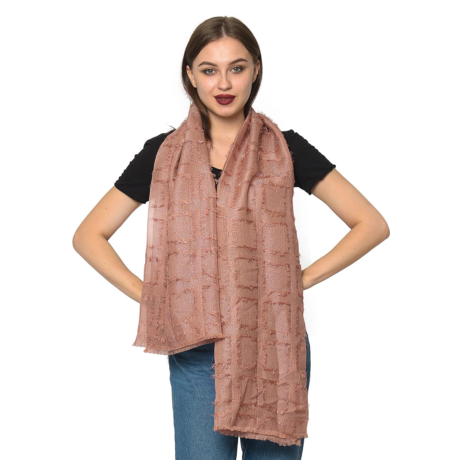 Close Out Deal- Metallic Fibre Scarf (Size 50x165 Cm) - Dusty Pink