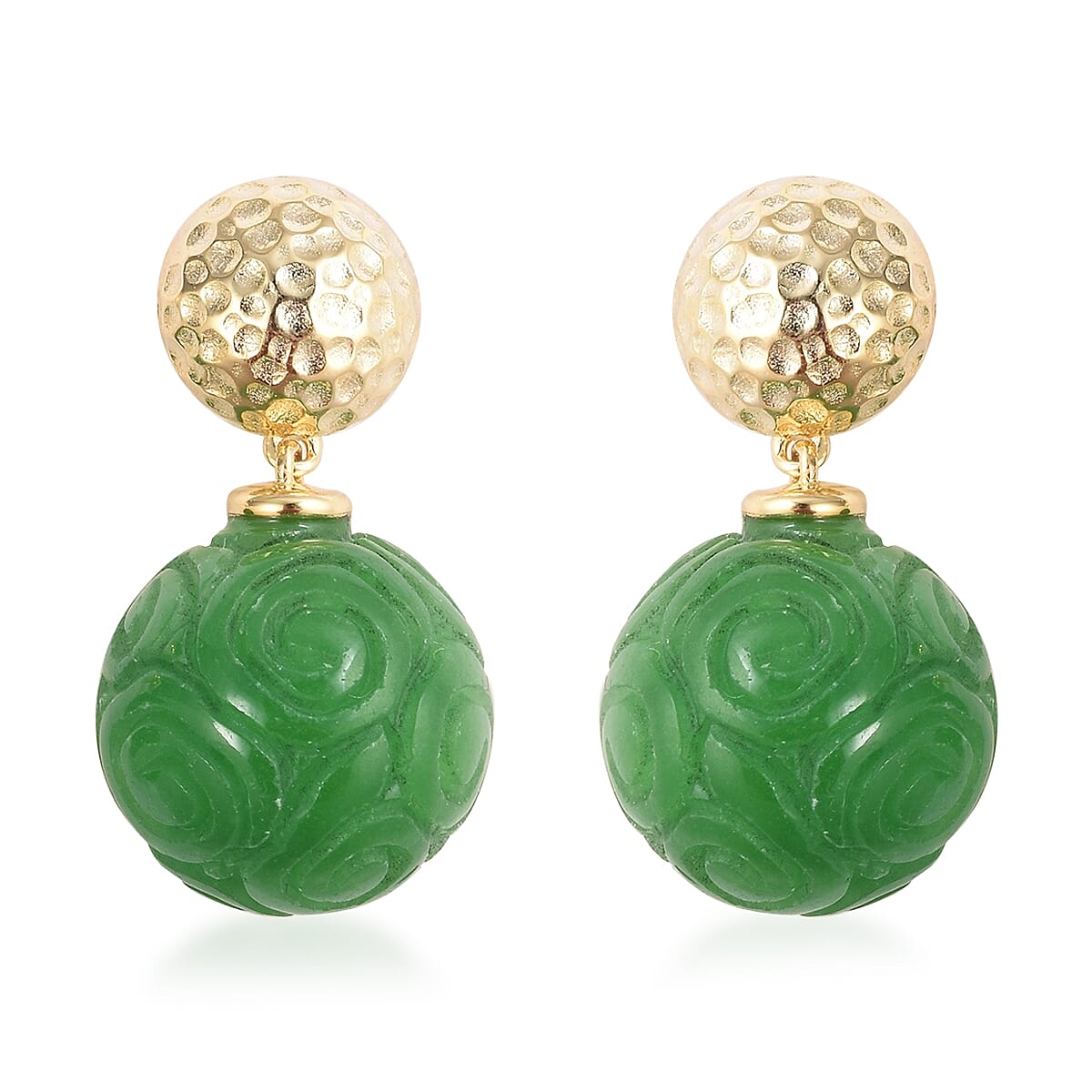Carved Green Jade (Rnd) Swirl Ball Earrings (with Push Back) in Yellow Gold Overlay Sterling Silver 38.50 Ct.