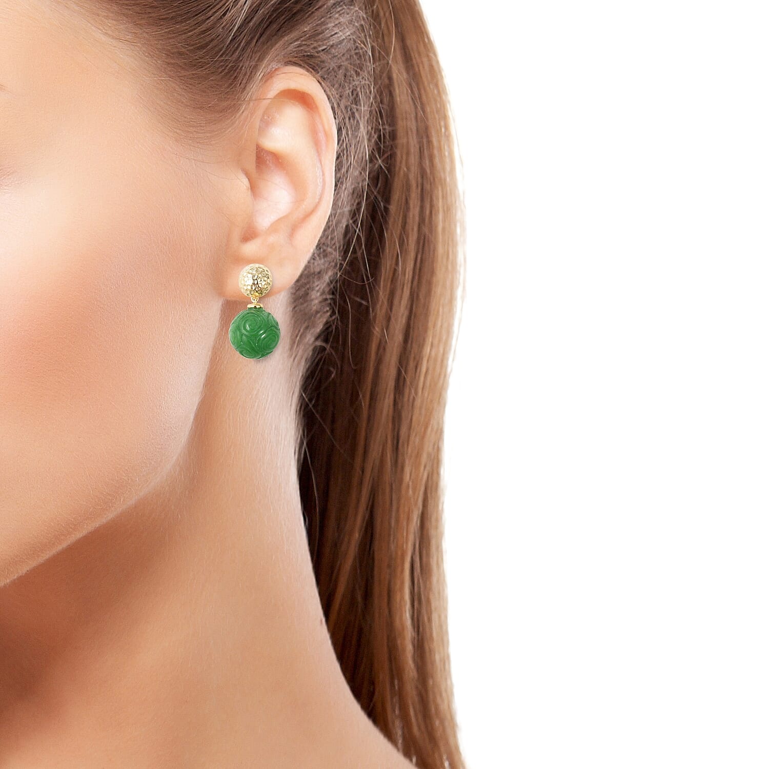 Carved Green Jade (Rnd) Swirl Ball Earrings (with Push Back) in Yellow Gold Overlay Sterling Silver 38.50 Ct.