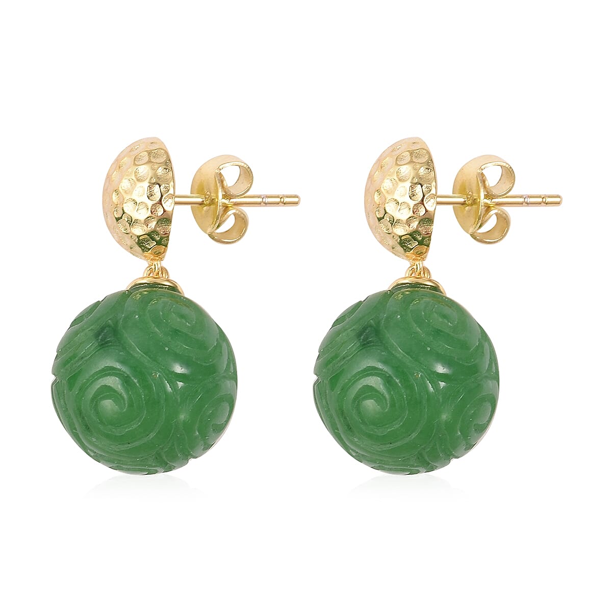 Carved Green Jade (Rnd) Swirl Ball Earrings (with Push Back) in Yellow Gold Overlay Sterling Silver 38.50 Ct.