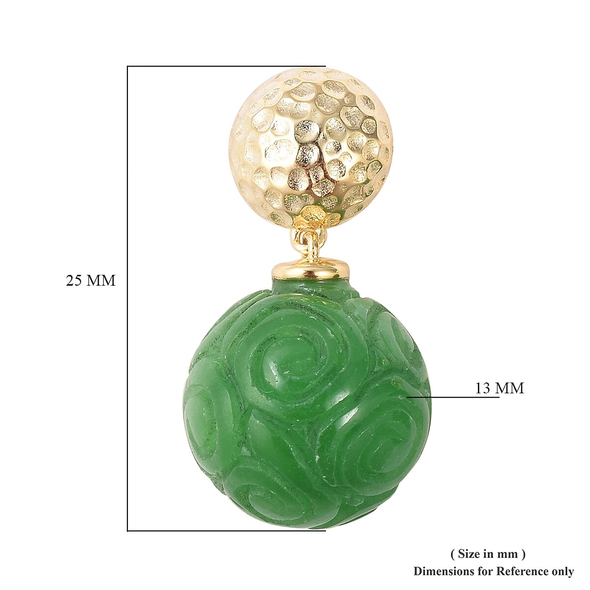 Carved Green Jade (Rnd) Swirl Ball Earrings (with Push Back) in Yellow Gold Overlay Sterling Silver 38.50 Ct.