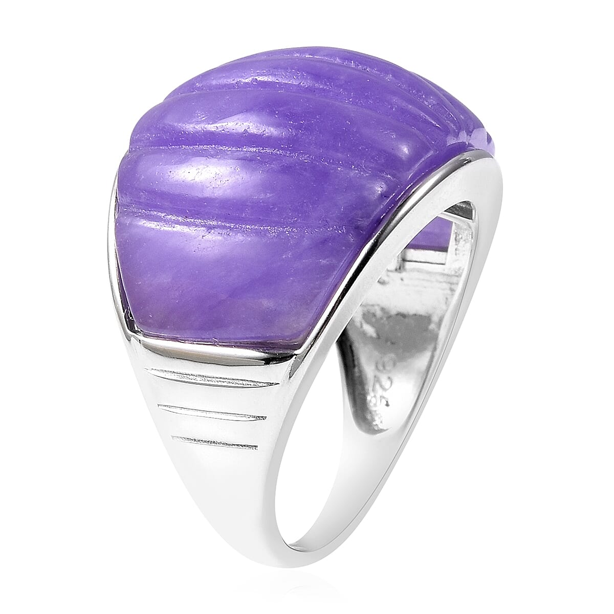 Carved Purple Jade Ring in Rhodium Overlay Sterling Silver 28.75 Ct.