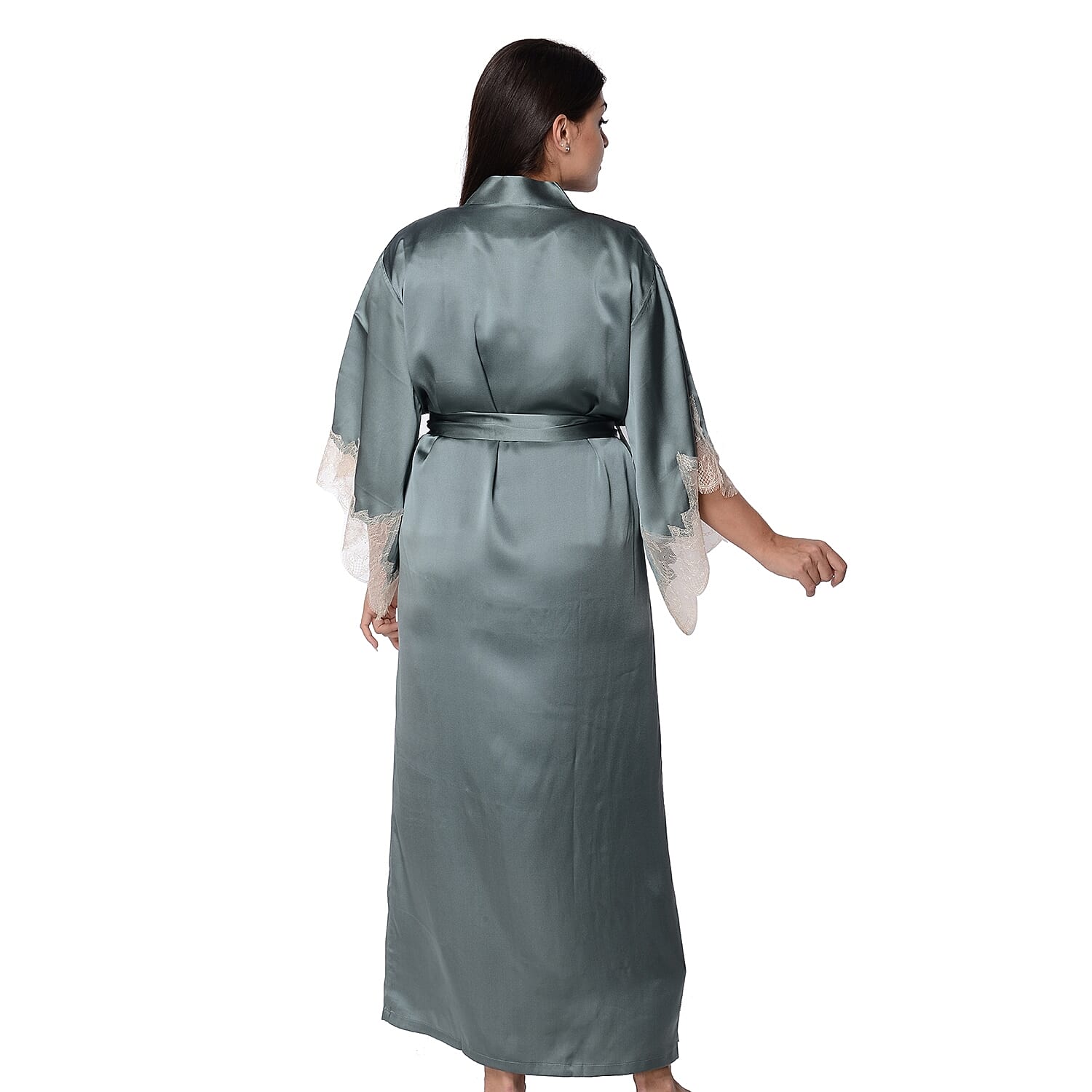 100% Mulberry Silk Long Robe with Kimono Style Sleeves with Lace  in Gift Box (Size S-M) - Teal