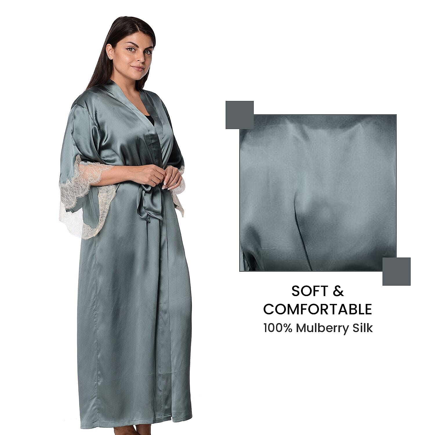 Mulberry Silk Long Robe with Kimono Style Sleeves with Lace  in Gift Box - Teal