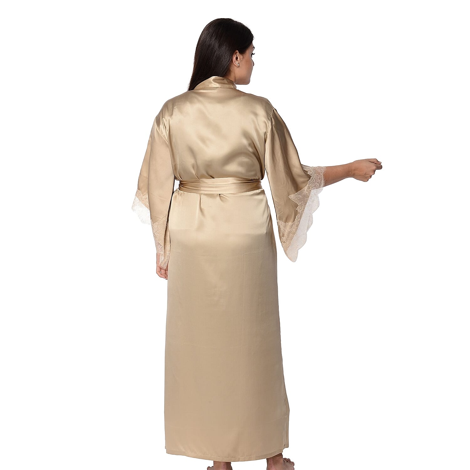Mulberry Silk Long Robe with Kimono Style Sleeves with Lace  in Gift Box - Gold