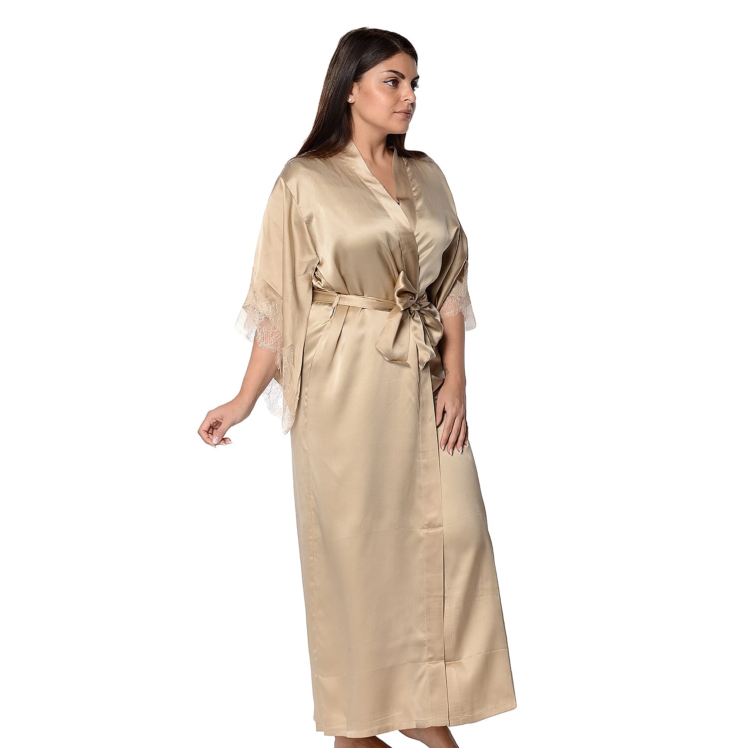 Mulberry Silk Long Robe with Kimono Style Sleeves with Lace  in Gift Box - Gold