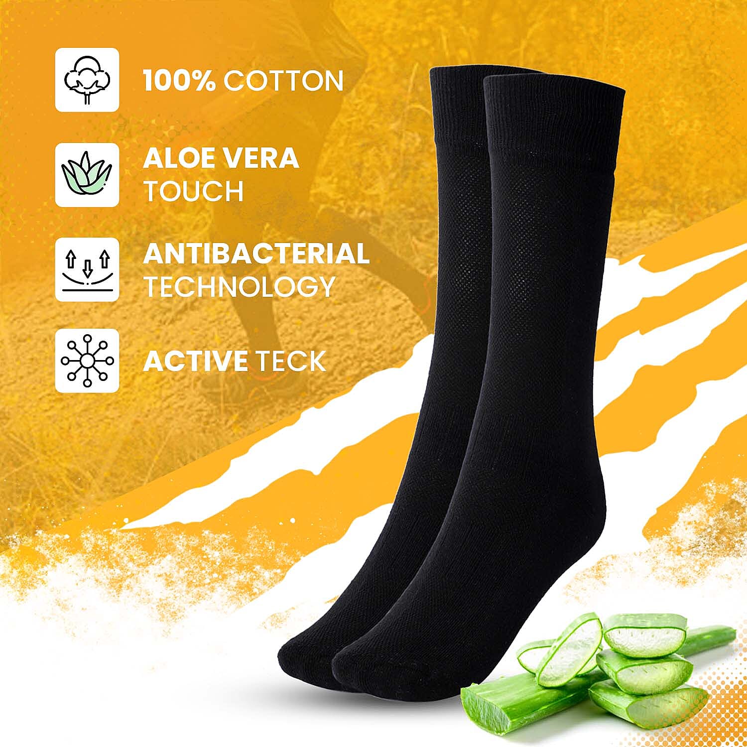 100% Cotton Aloe Vera Fresh Socks (Size 8-13) -  Black