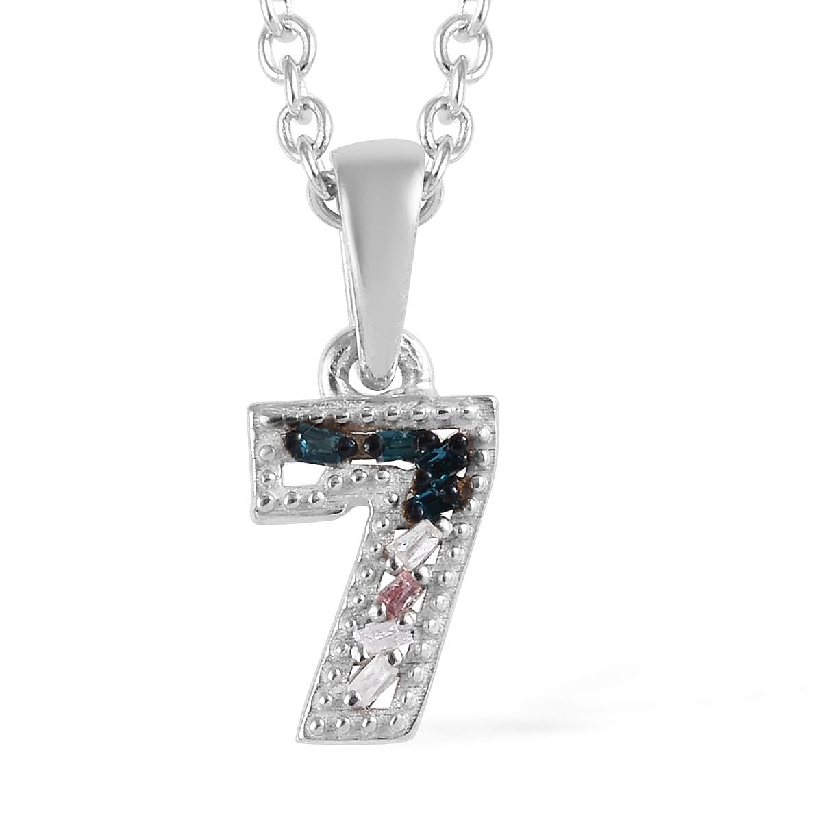 Blue and White Diamond Number Seven Pendant with Chain (Size 18) in Platinum Overlay Sterling Silver 0.03 Ct.