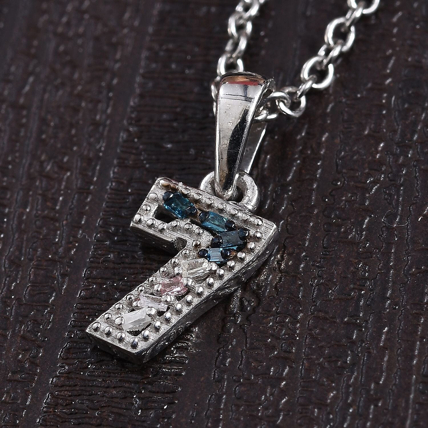 Blue and White Diamond Number Seven Pendant with Chain (Size 18) in Platinum Overlay Sterling Silver 0.03 Ct.