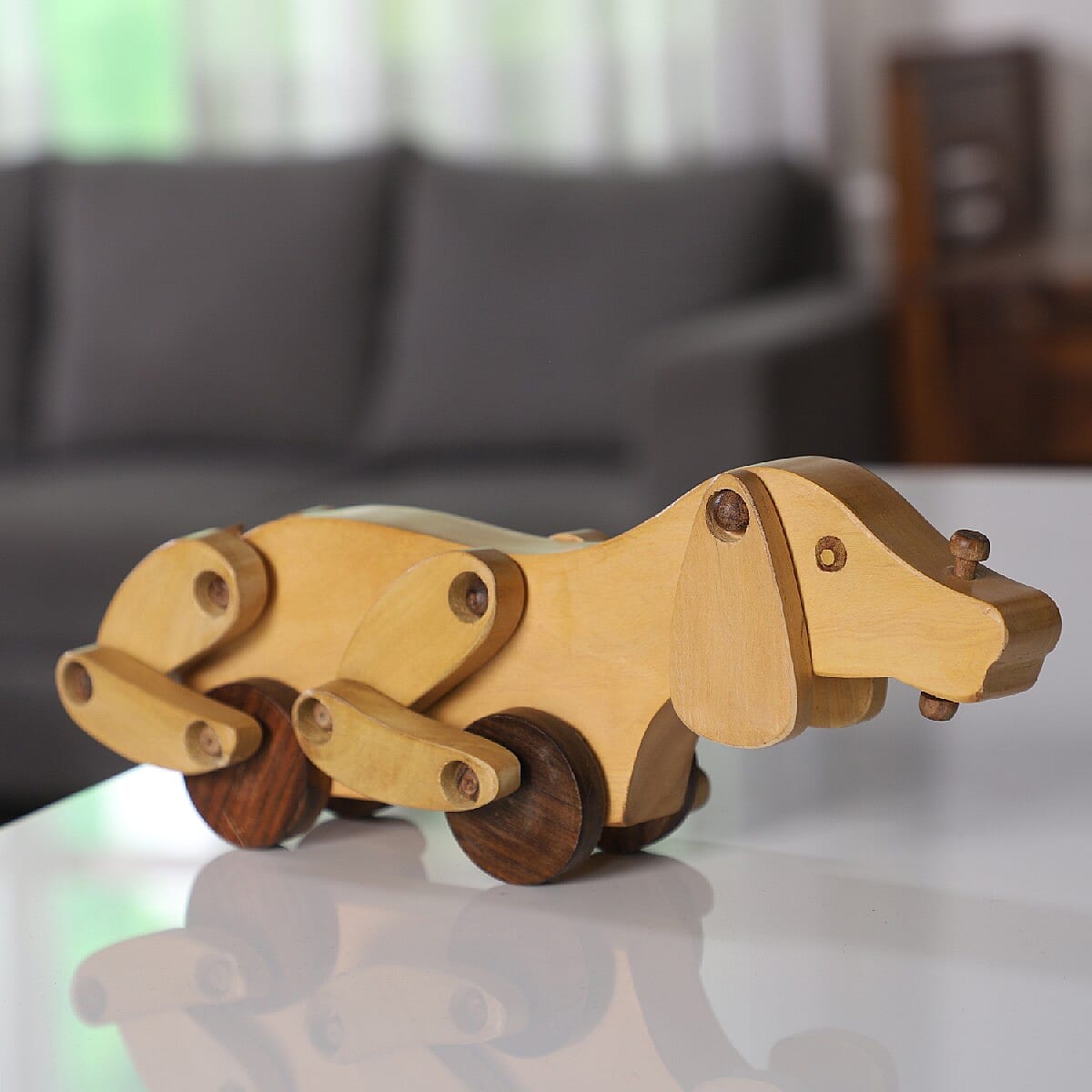 Handcrafted Wooden Dog Toy with Wheels (Size 31X10 CM)