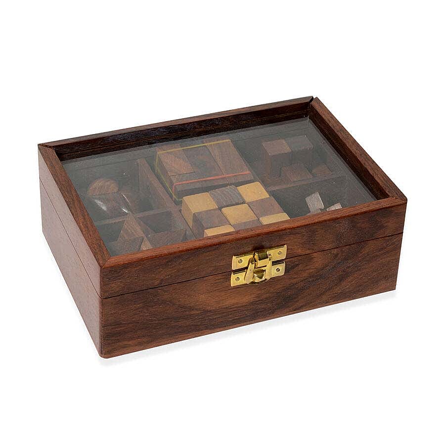 Six-in-One Wooden Puzzle Games Set with Glass Lid (Size 17x12x6.25 Cm)