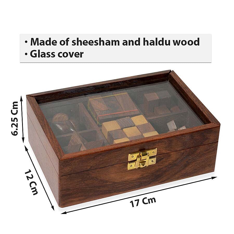 Six-in-One Wooden Puzzle Games Set with Glass Lid (Size 17x12x6.25 Cm)