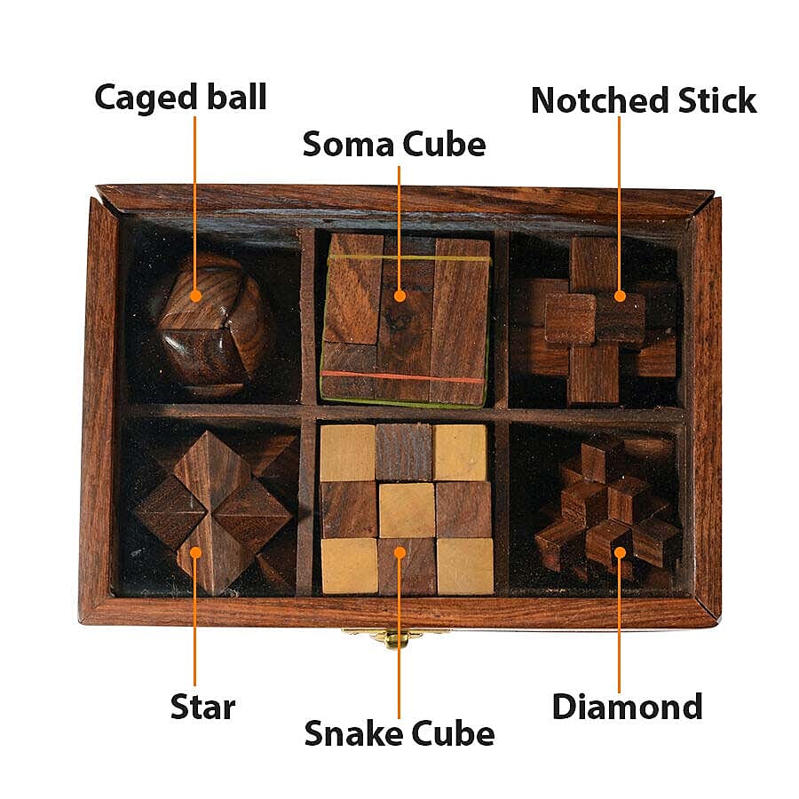 Six-in-One Wooden Puzzle Games Set with Glass Lid (Size 17x12x6.25 Cm)