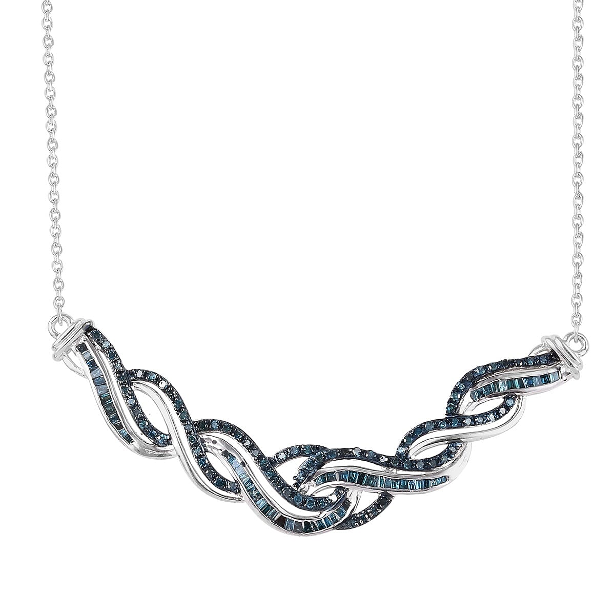 Blue Diamond (Rnd and Bgt) Wave Necklace (Size 18) in Platinum Overlay Sterling Silver 1.00 Ct, Silver wt 7.15 Gms