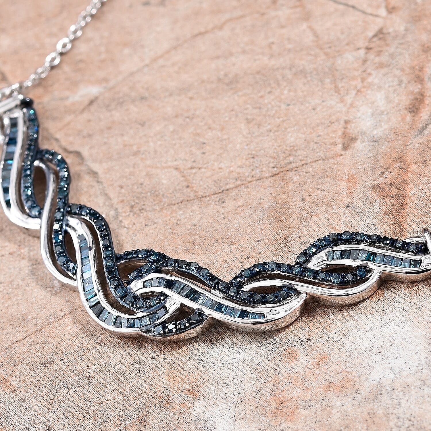 Blue Diamond (Rnd and Bgt) Wave Necklace (Size 18) in Platinum Overlay Sterling Silver 1.00 Ct, Silver wt 7.15 Gms