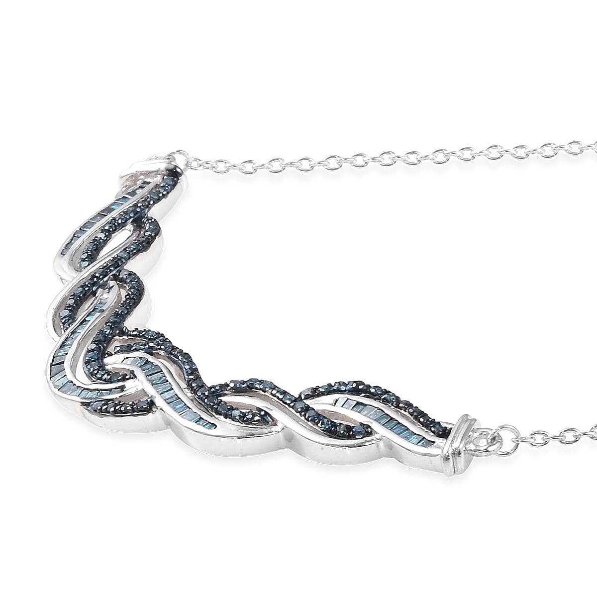 Blue Diamond (Rnd and Bgt) Wave Necklace (Size 18) in Platinum Overlay Sterling Silver 1.00 Ct, Silver wt 7.15 Gms