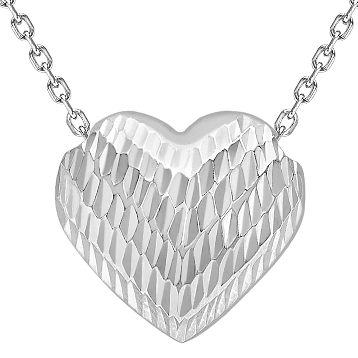 9K White Gold Diamond Cut Sliding Heart Pendant with Chain (Size 17.5)