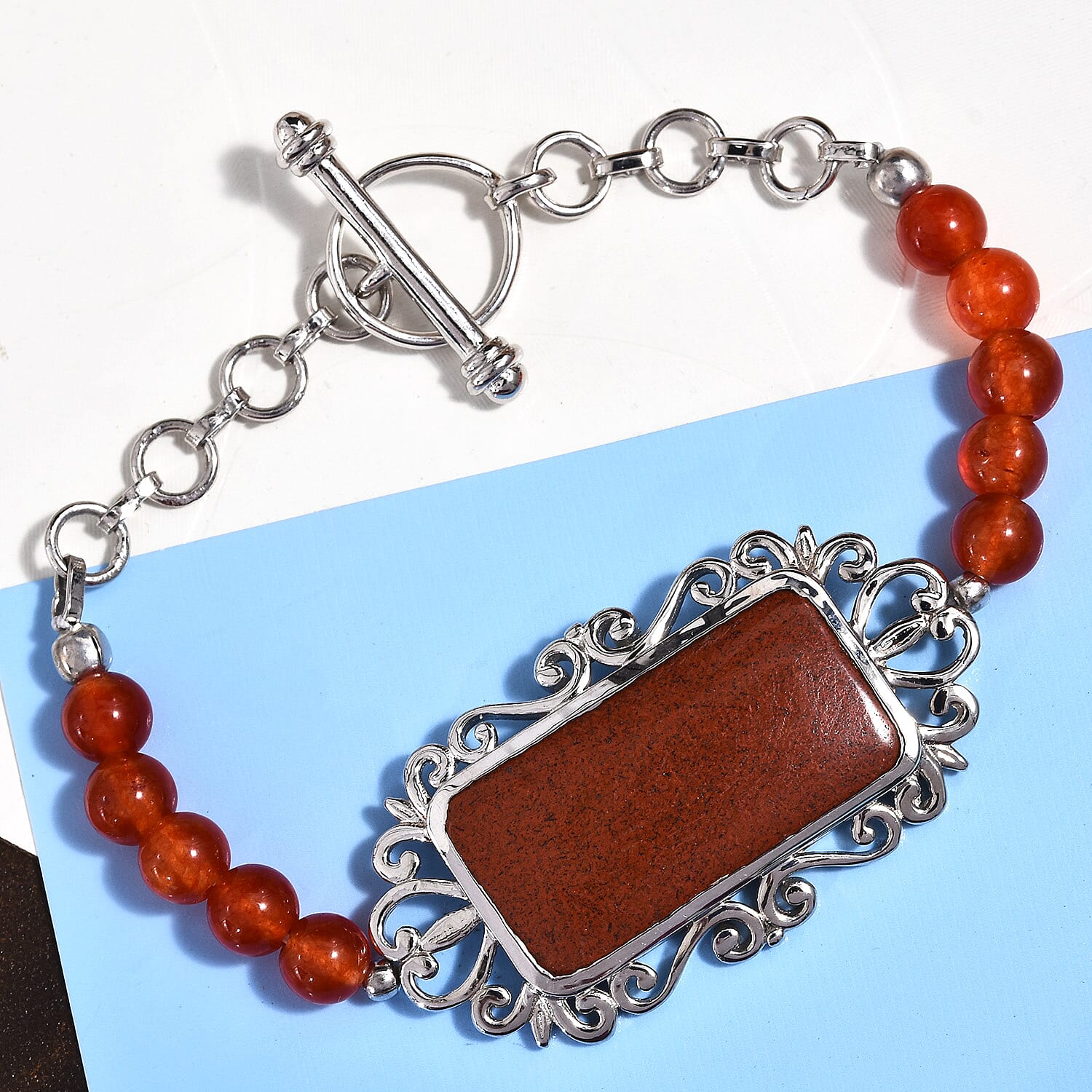 Red Jasper (Oct 30x15 mm), Red Agate Bracelet (Size 7.50) in Platinum Plated 37.00 Ct.
