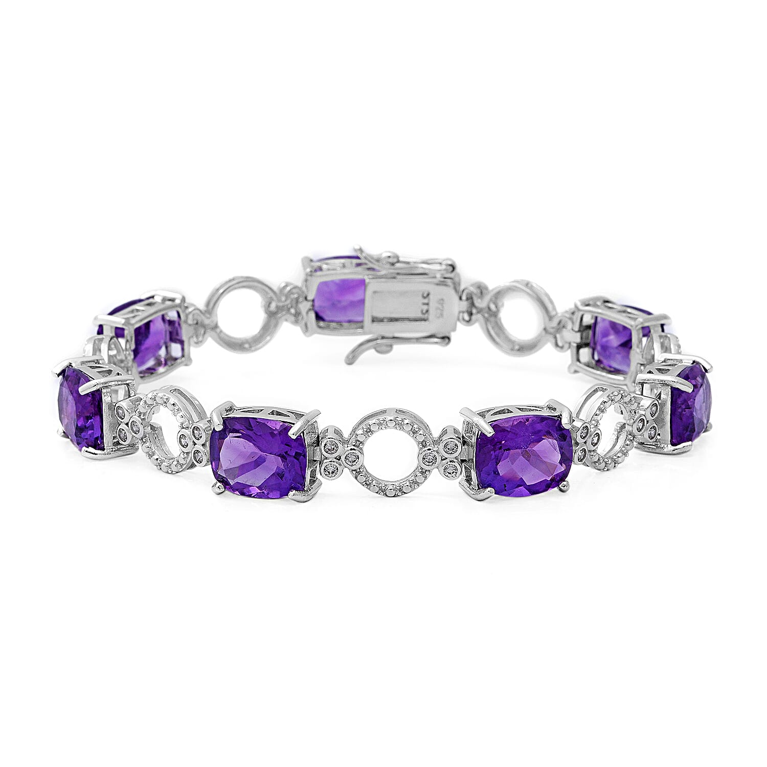 Zambian Amethyst (Cush), Natural White Cambodian Zircon Bracelet (Size 7) in Rhodium Overlay Sterling Silver 20.86 Ct, Silver wt 13.20 Gms