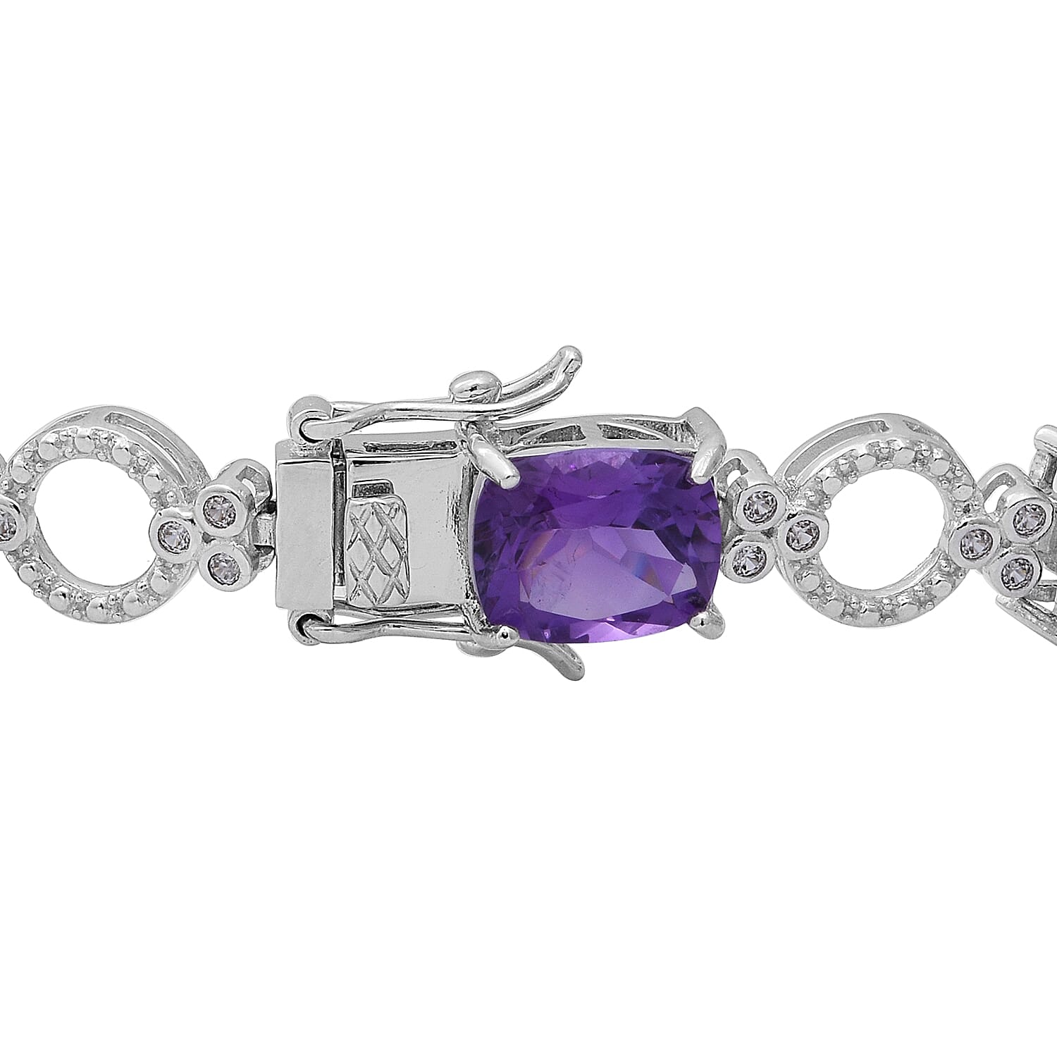 Zambian Amethyst (Cush), Natural White Cambodian Zircon Bracelet (Size 7) in Rhodium Overlay Sterling Silver 20.86 Ct, Silver wt 13.20 Gms