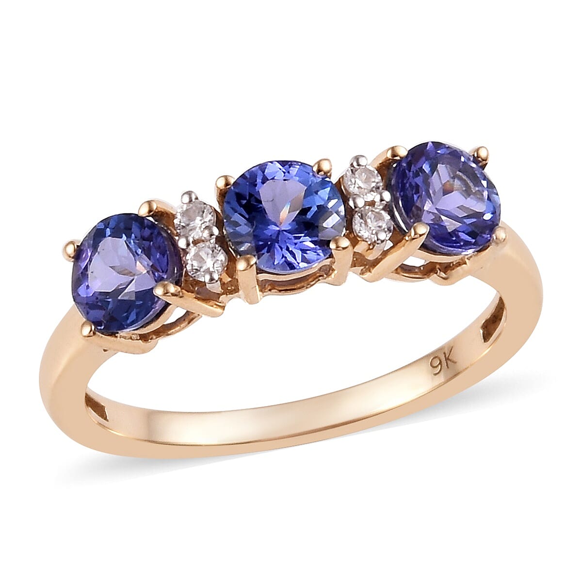 9K Yellow Gold AA Tanzanite (Rnd), Natural Cambodian Zircon Ring 1.20 Ct.