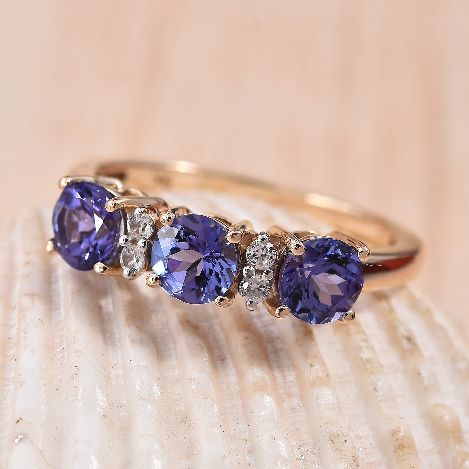 9K Yellow Gold AA Tanzanite (Rnd), Natural Cambodian Zircon Ring 1.20 Ct.