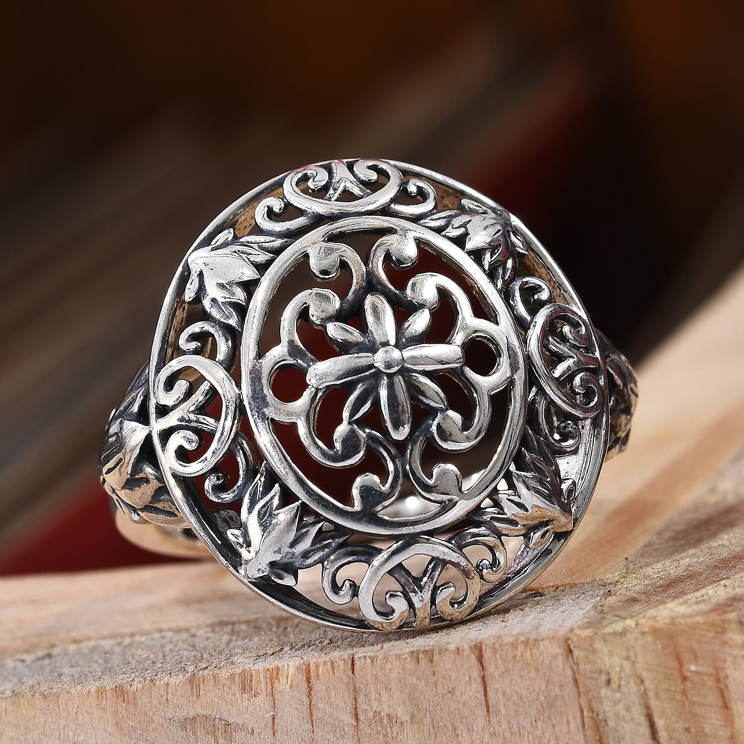 Designer Inspired - Sterling Silver Filigree Design Ring, Silver wt  3.70 Gms