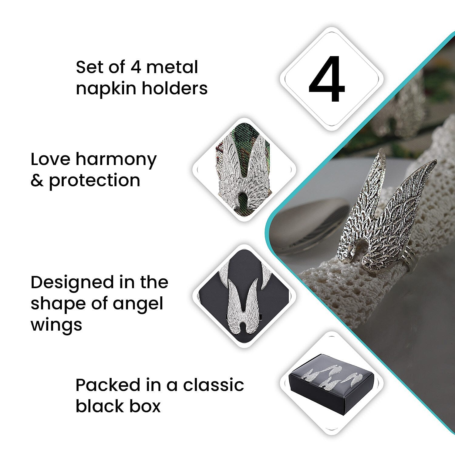 Set of 4 - Angel Wings Cast Aluminum Napkin Ring with Gift Box