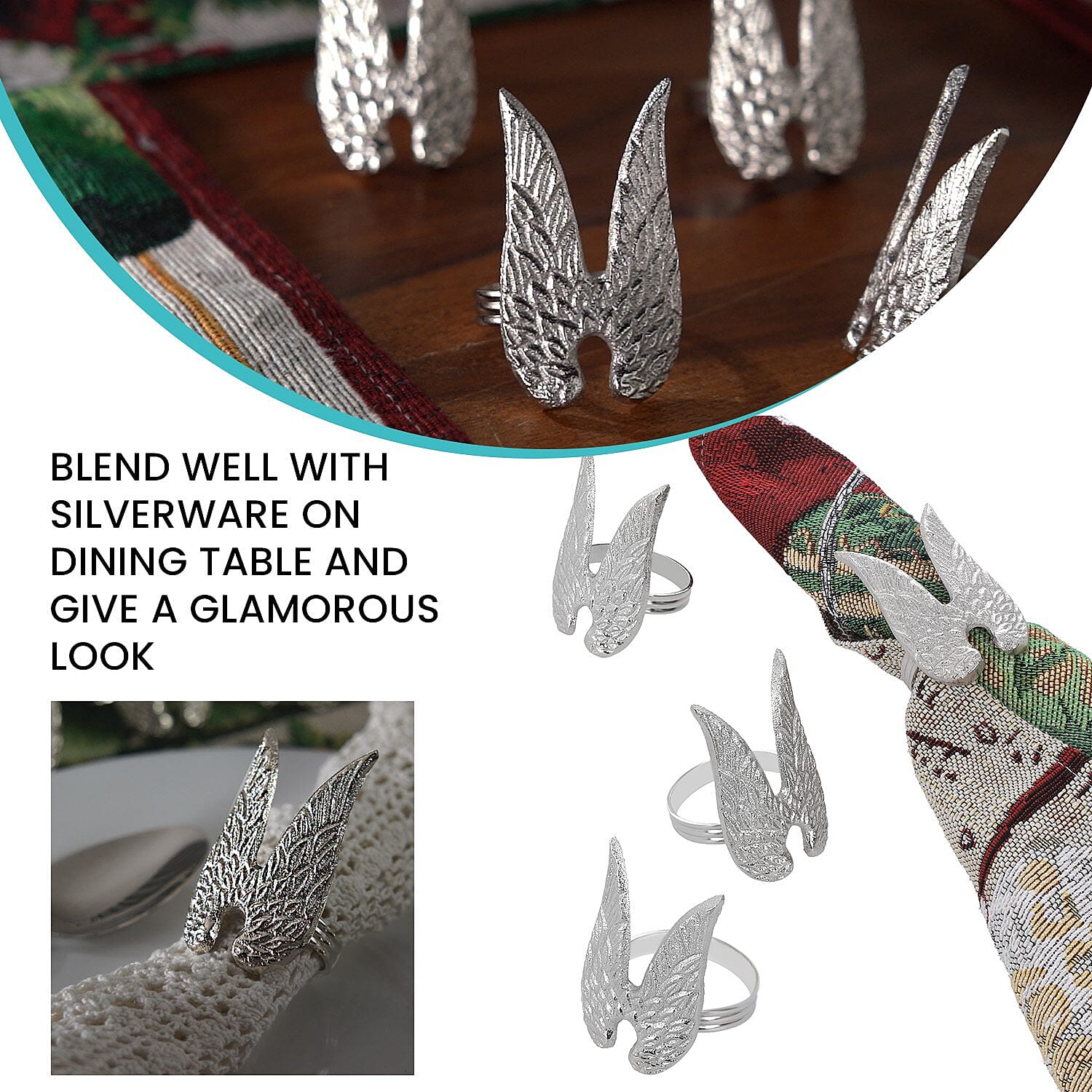 Set of 4 - Angel Wings Cast Aluminum Napkin Ring with Gift Box