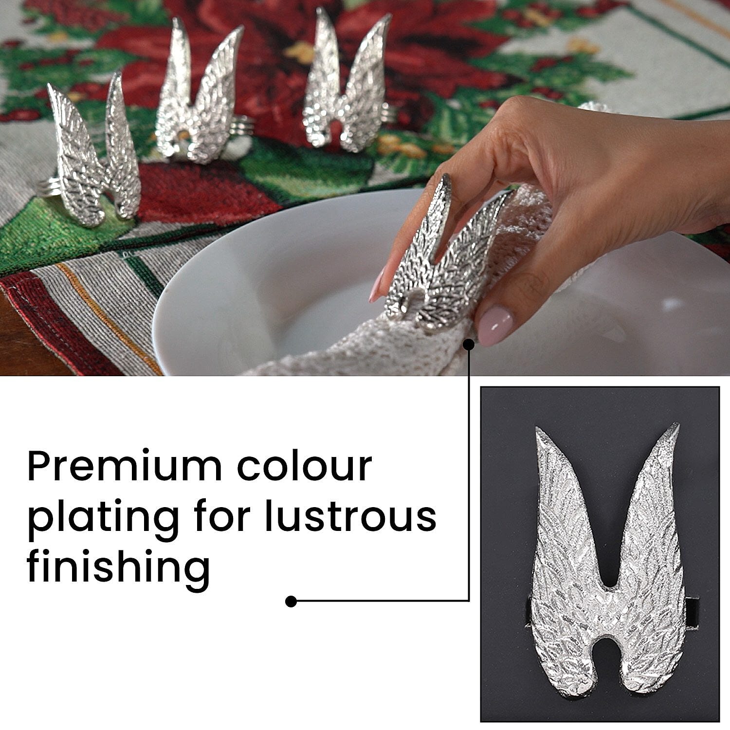 Set of 4 - Angel Wings Cast Aluminum Napkin Ring with Gift Box