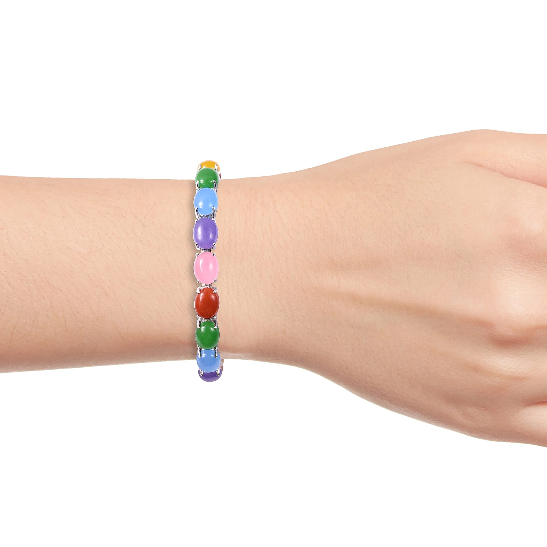 Multicolor Jade and Chrome Diopside Bracelet (Size 7.5) in Rhodium Overlay Sterling Silver 36.160 Ct., Silver wt. 19.20 Gms