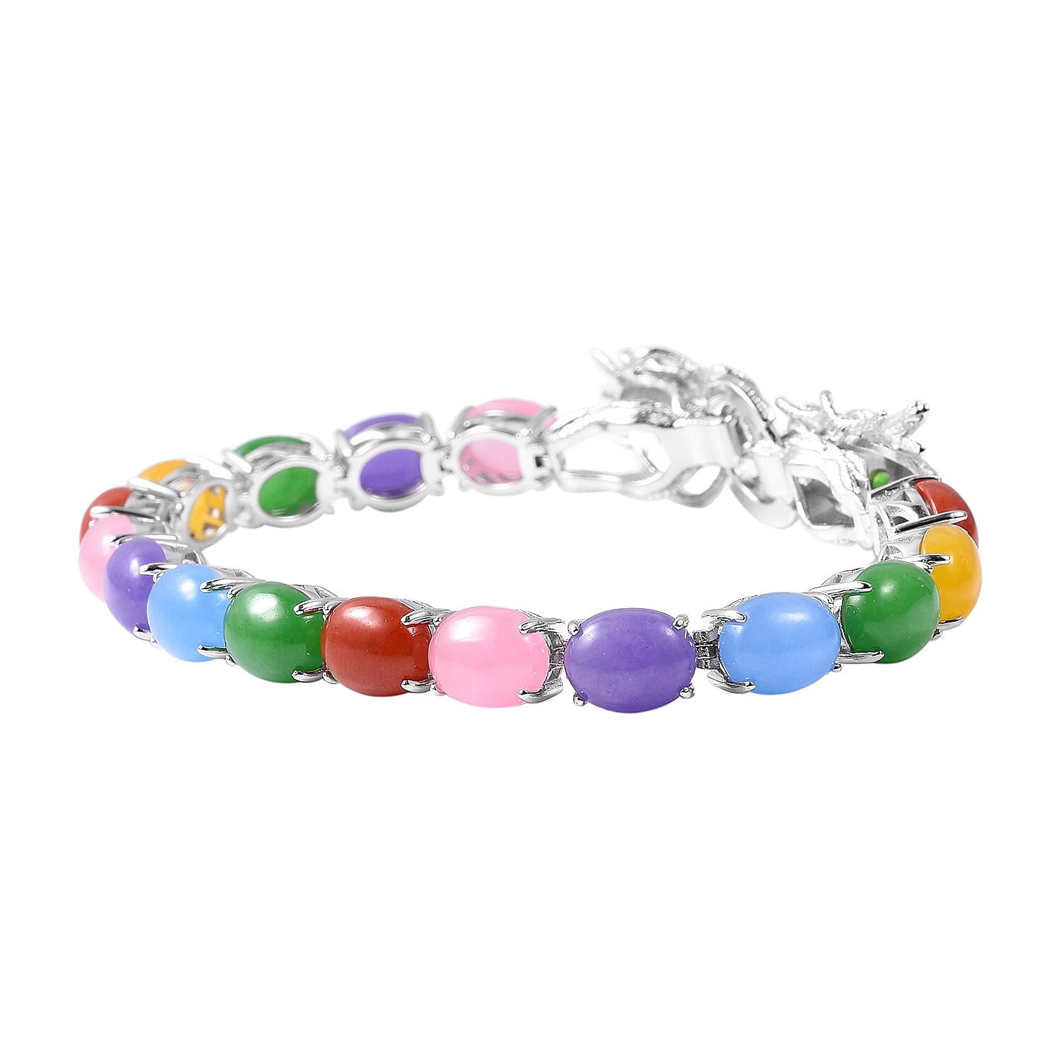 Multicolor Jade and Chrome Diopside Bracelet (Size 7.5) in Rhodium Overlay Sterling Silver 36.160 Ct., Silver wt. 19.20 Gms