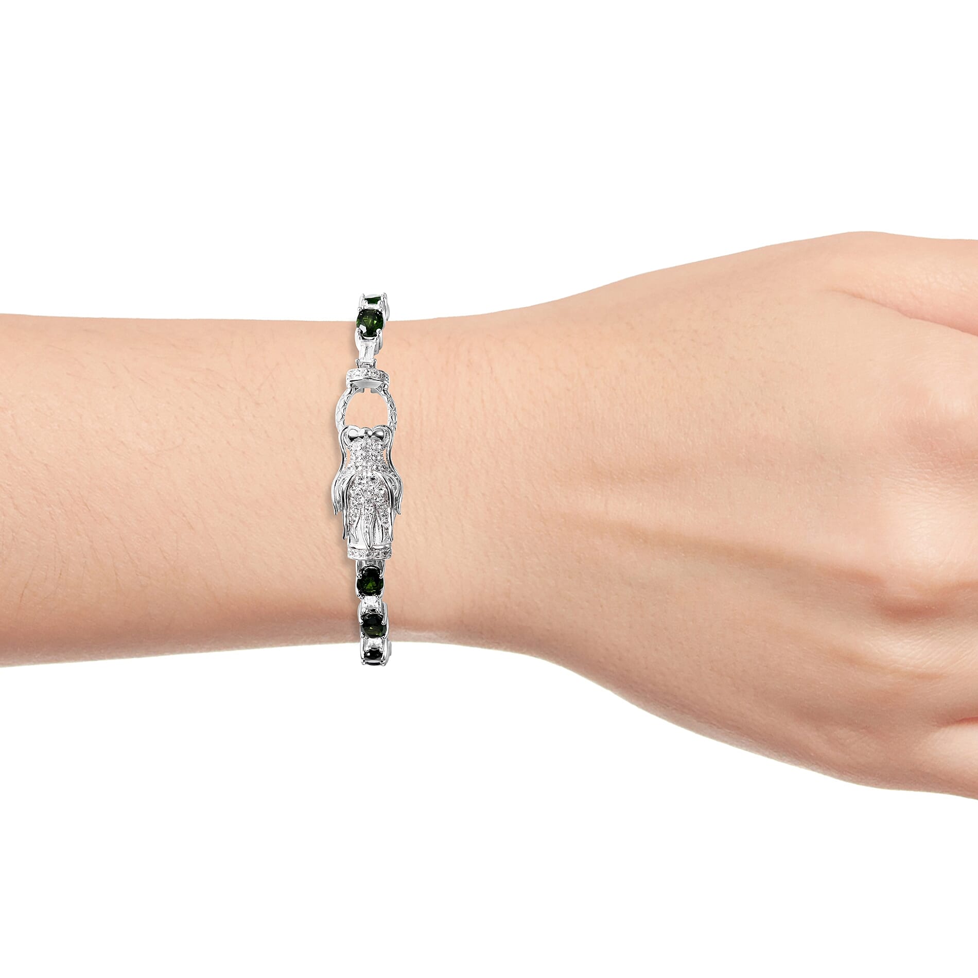 Chrome Diopside (Ovl), White Topaz  Dragon Head Bracelet (Size 7) in Rhodium Overlay Sterling Silver 9.02 Ct, Silver wt 10.00 Gms