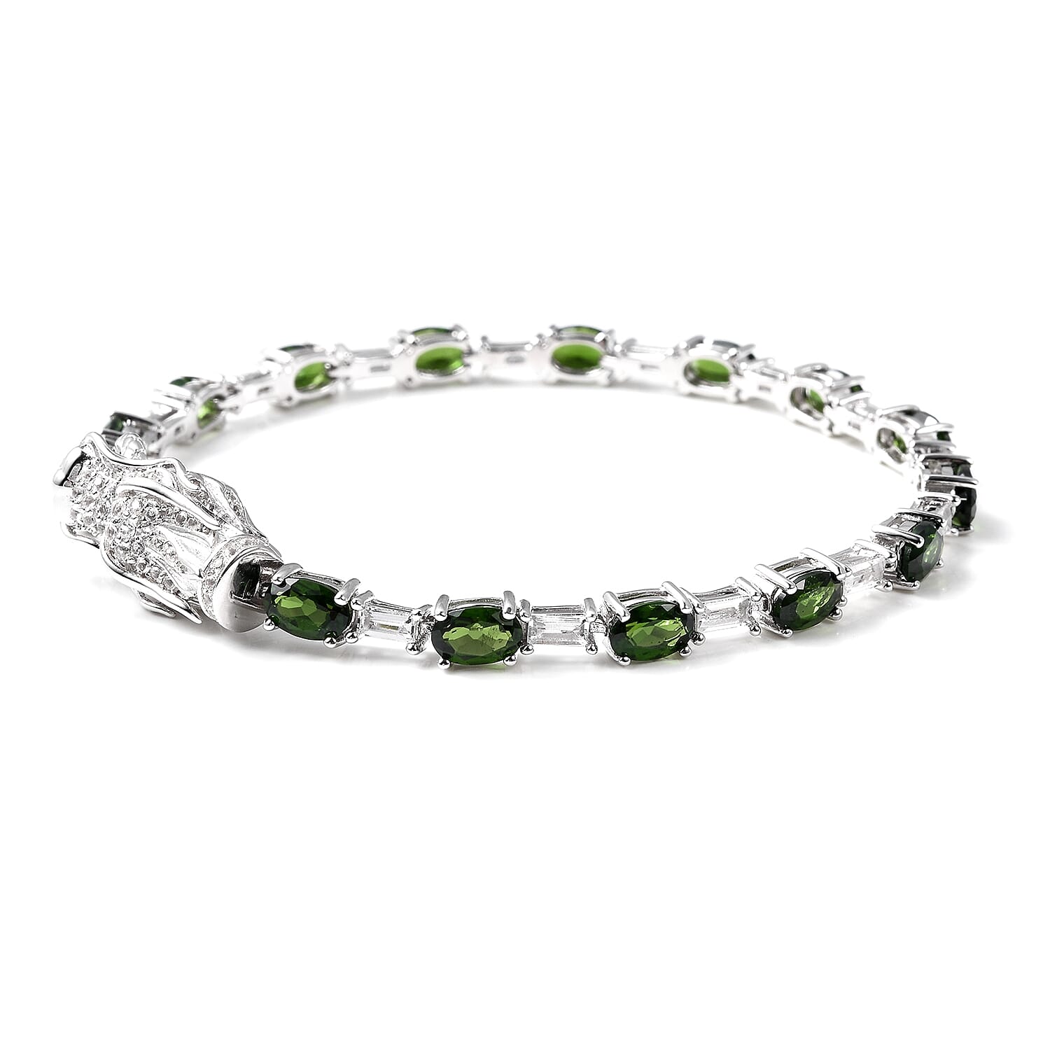Chrome Diopside (Ovl), White Topaz  Dragon Head Bracelet (Size 7) in Rhodium Overlay Sterling Silver 9.02 Ct, Silver wt 10.00 Gms
