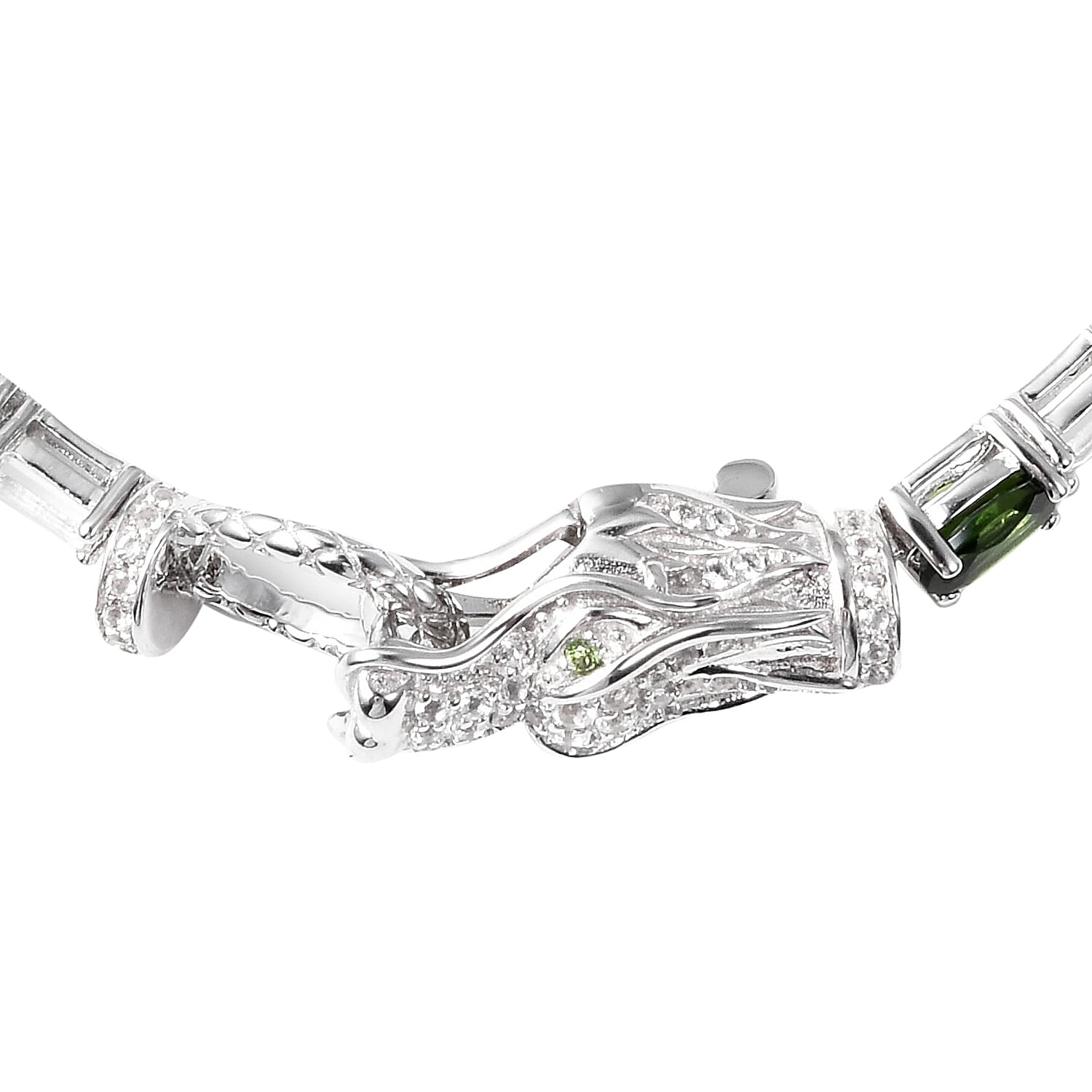 Chrome Diopside (Ovl), White Topaz  Dragon Head Bracelet (Size 7) in Rhodium Overlay Sterling Silver 9.02 Ct, Silver wt 10.00 Gms