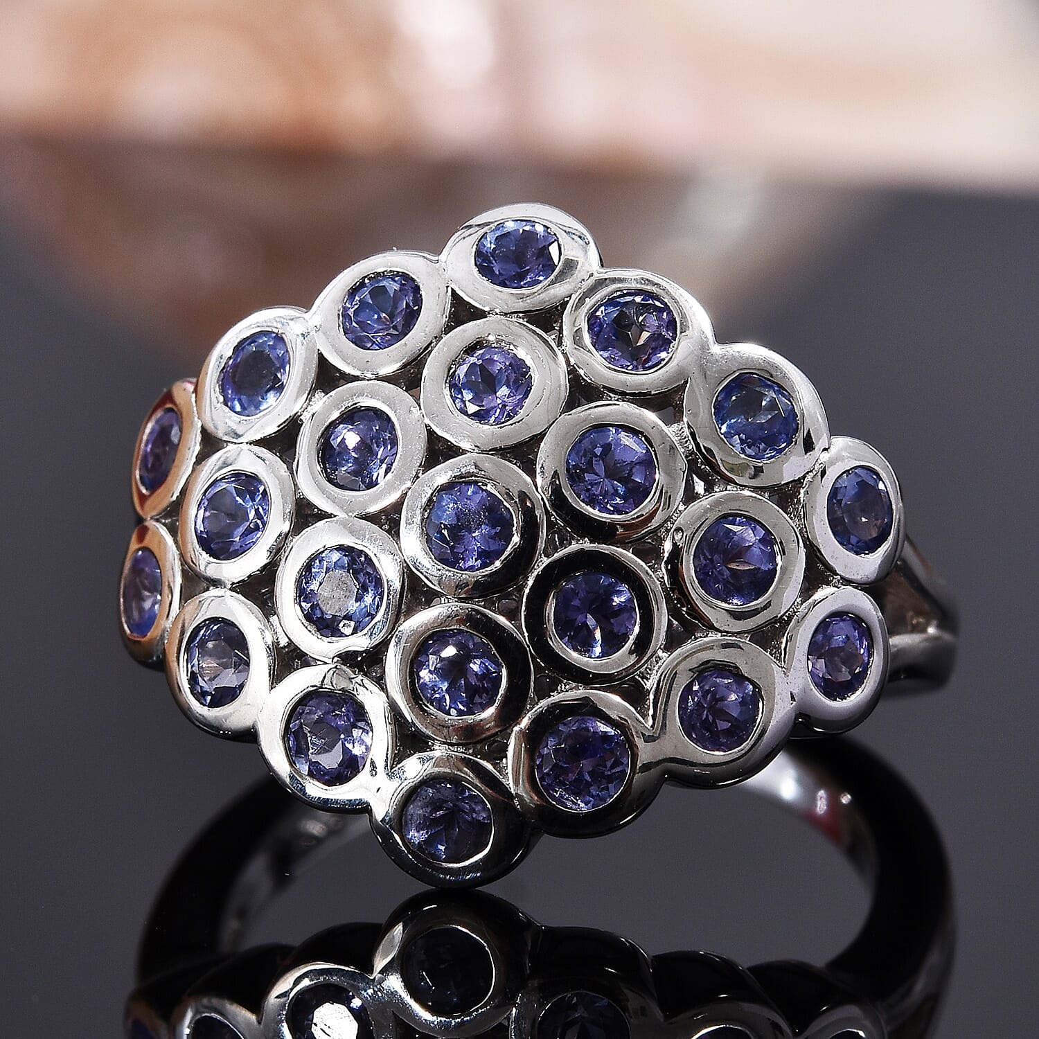 Tanzanite (Rnd) Circle Cluster Dome Ring in Platinum Overlay Sterling Silver 1.50 Ct.